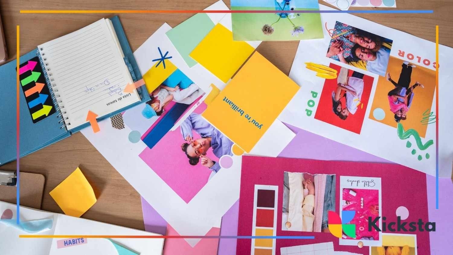 Colorful creative workspace with notebooks, photos, sticky notes, and printed mood board designs spread across a desk.