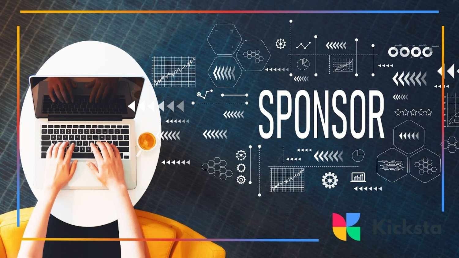 Overhead view of a person typing on a laptop at a white table with a cup of coffee, next to digital graphics and the word “SPONSOR” in bold letters.