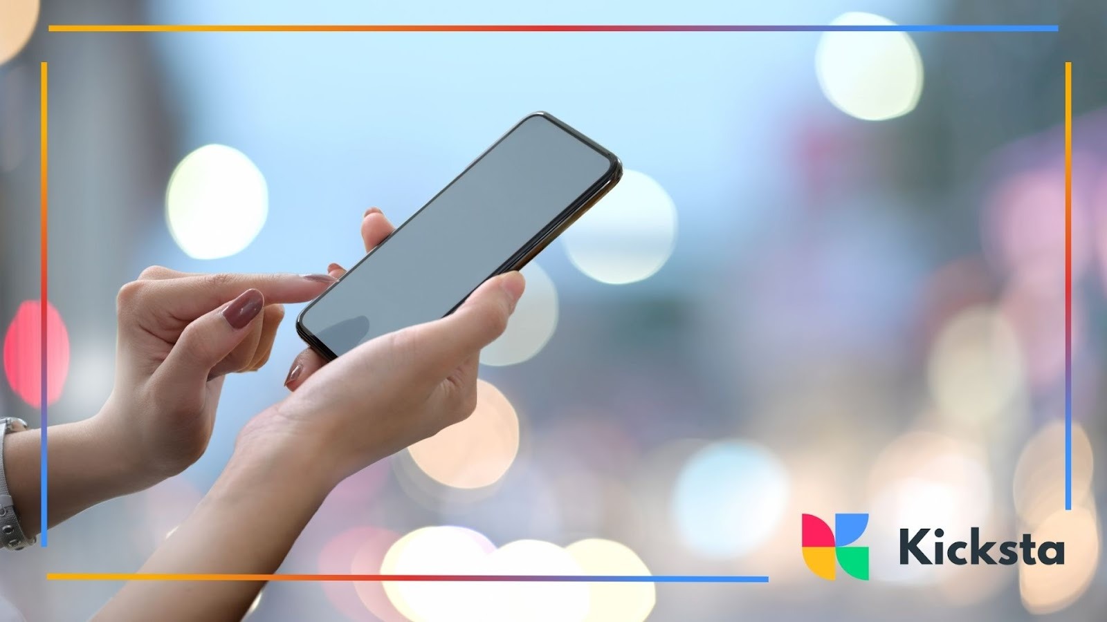 Person using smartphone with blurred city lights in background, symbolizing mobile engagement, social media activity, and digital lifestyle.