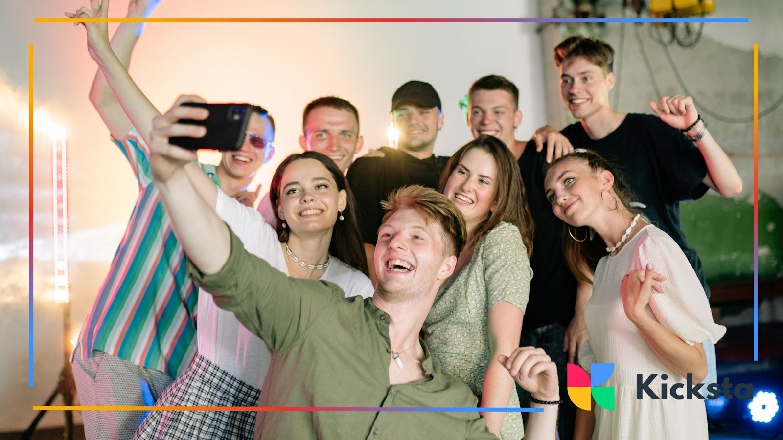 Happy group of friends taking selfie at party, symbolizing social media sharing, influencer content, and community engagement.