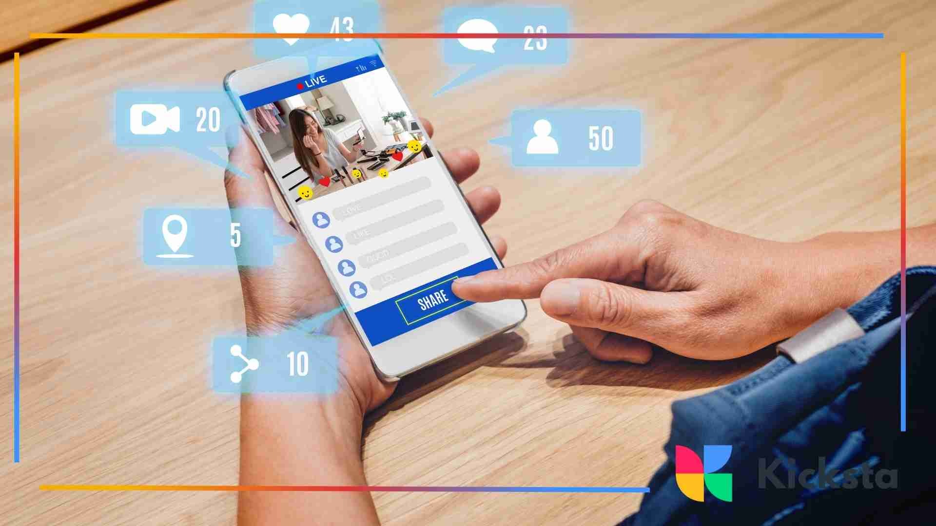 A person uses a smartphone displaying a livestream interface with engagement icons for likes, comments, views, and shares overlaid on the screen.