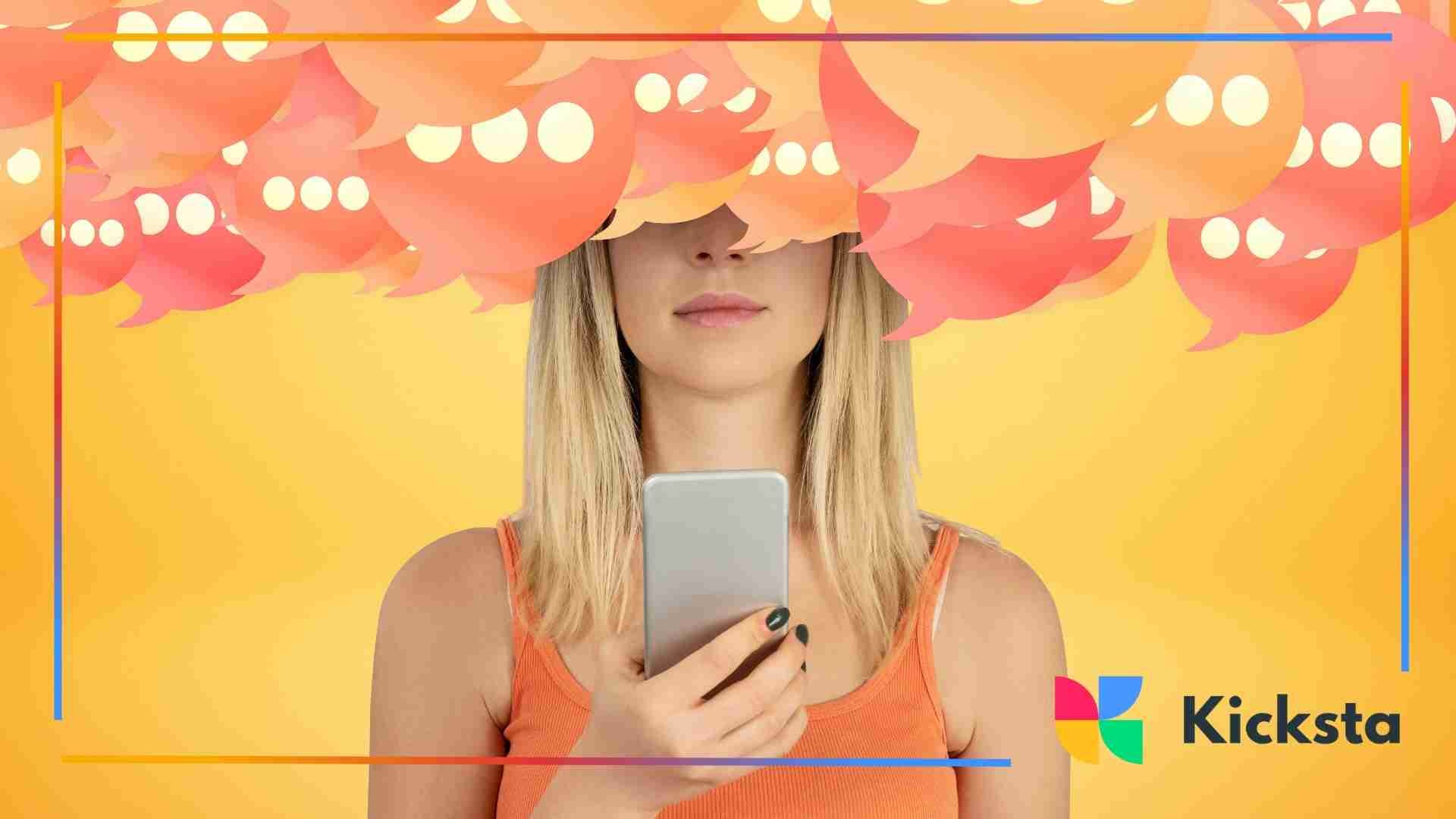 A woman holding a smartphone looks forward while colorful illustrated chat bubbles float above her head on a yellow background.