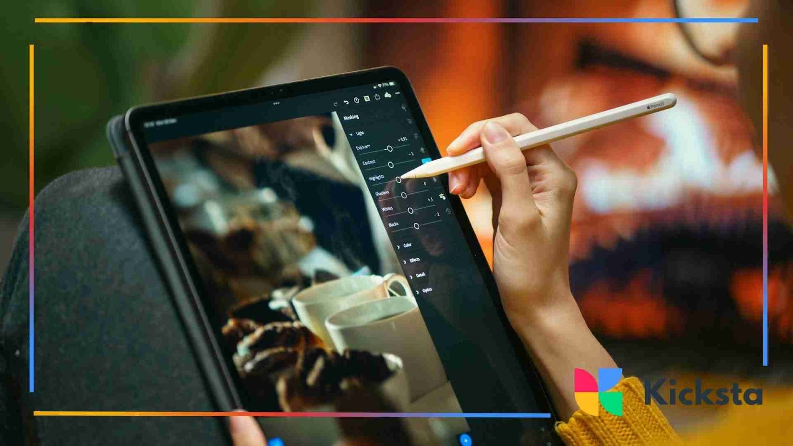 A person edits a high-quality photo on a tablet using a stylus, enhancing image details with a professional editing app, with the Kicksta logo displayed.