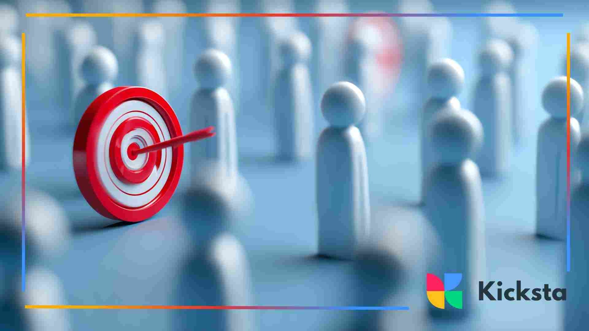 A red bullseye target with an arrow in the center standing out among blurred blue human-shaped figures.