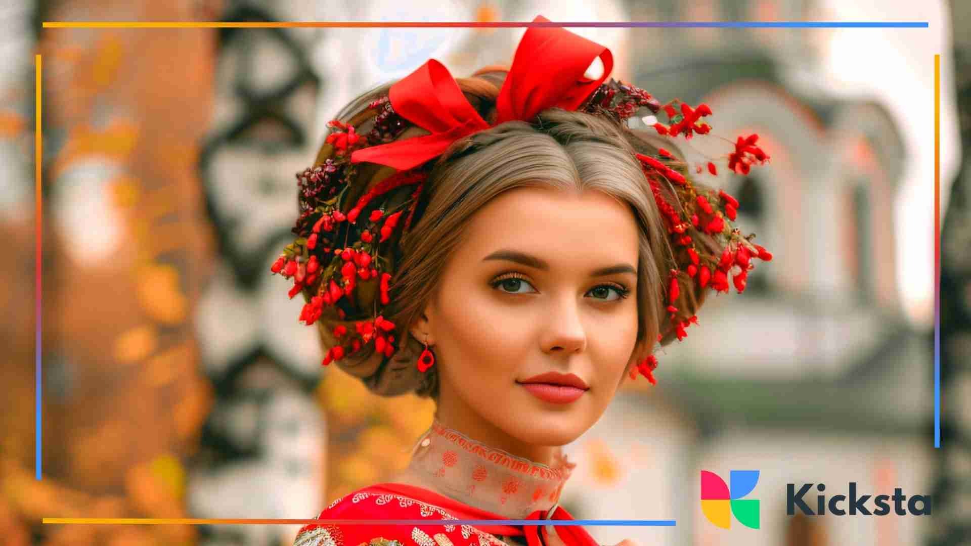 A woman wearing Eastern European traditional clothing with a red embroidered dress and a floral headpiece, standing outdoors in an autumn setting.