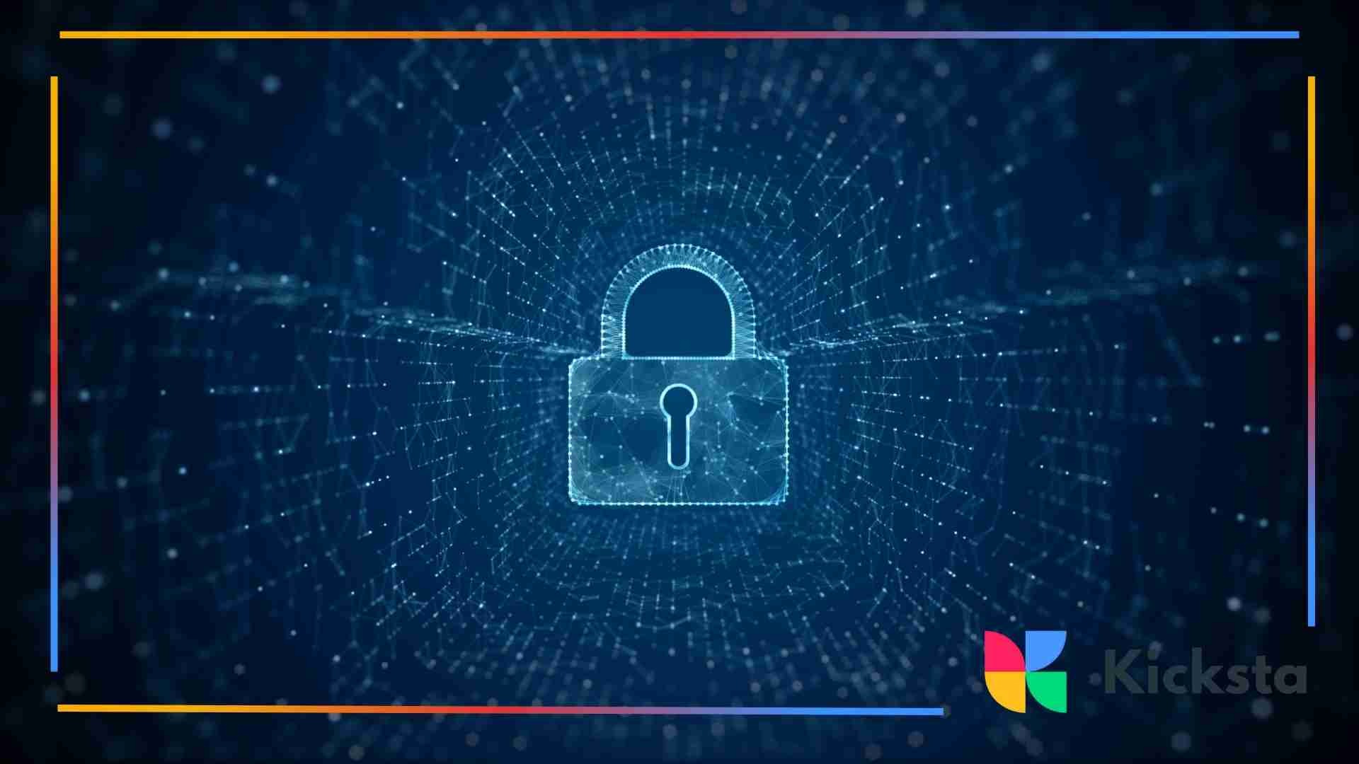 Digital illustration of a glowing padlock surrounded by a tunnel of interconnected data points, symbolizing cybersecurity and data protection.