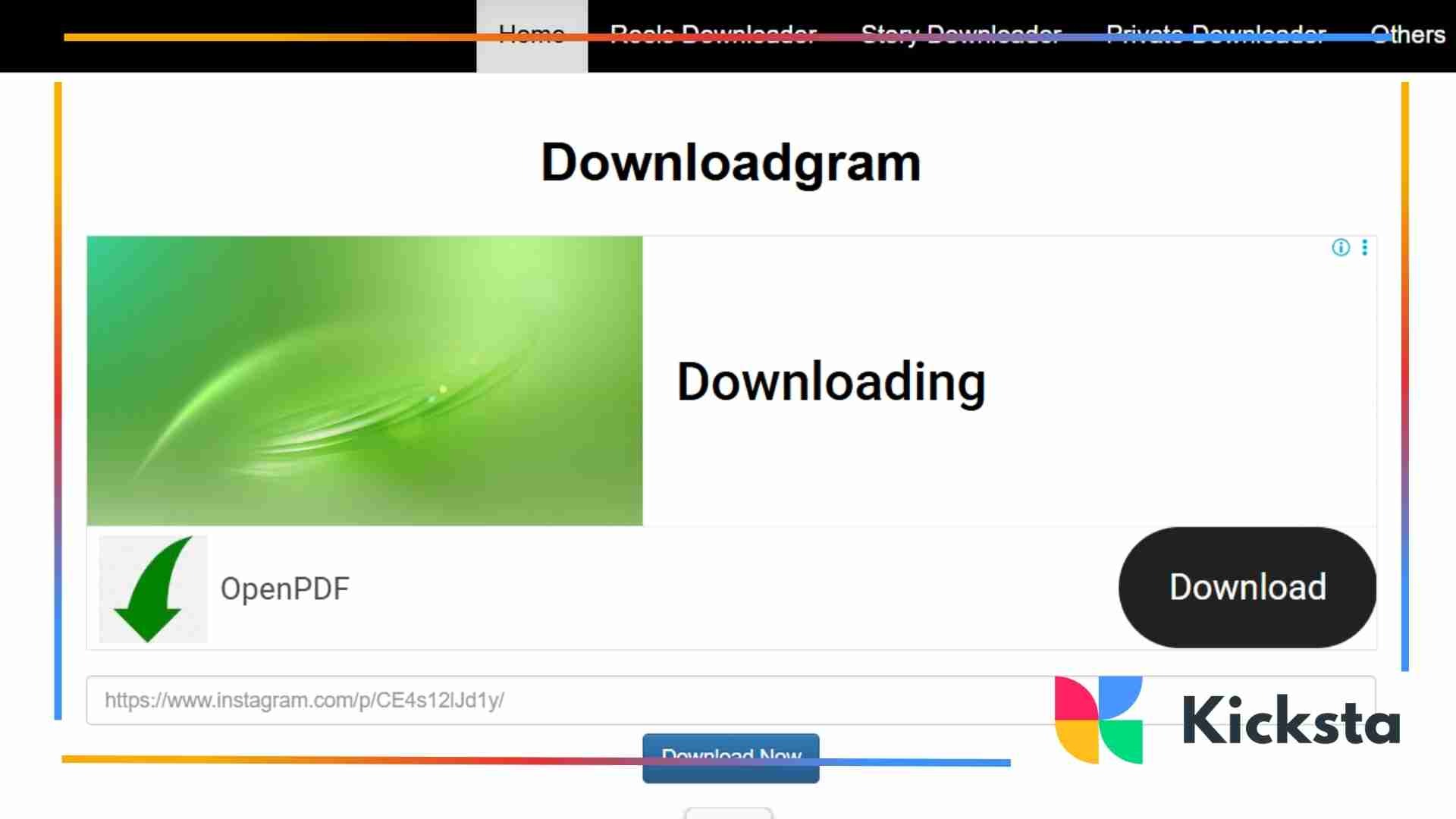 Landing page of  DownloadGram