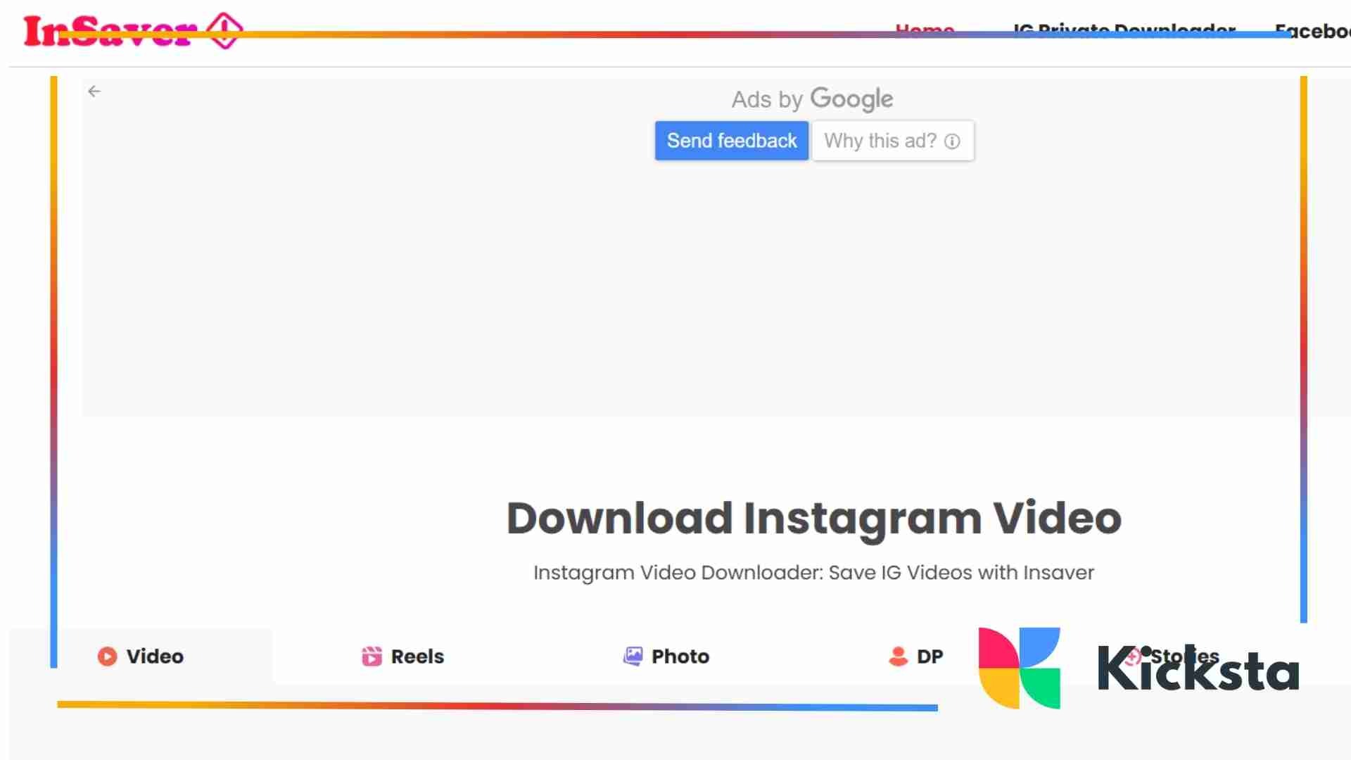 Landing page of Insaver