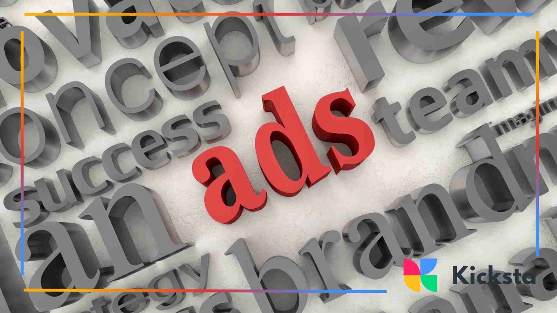 3D typography collage with the word “ads” highlighted in bright red among grey marketing-related words.