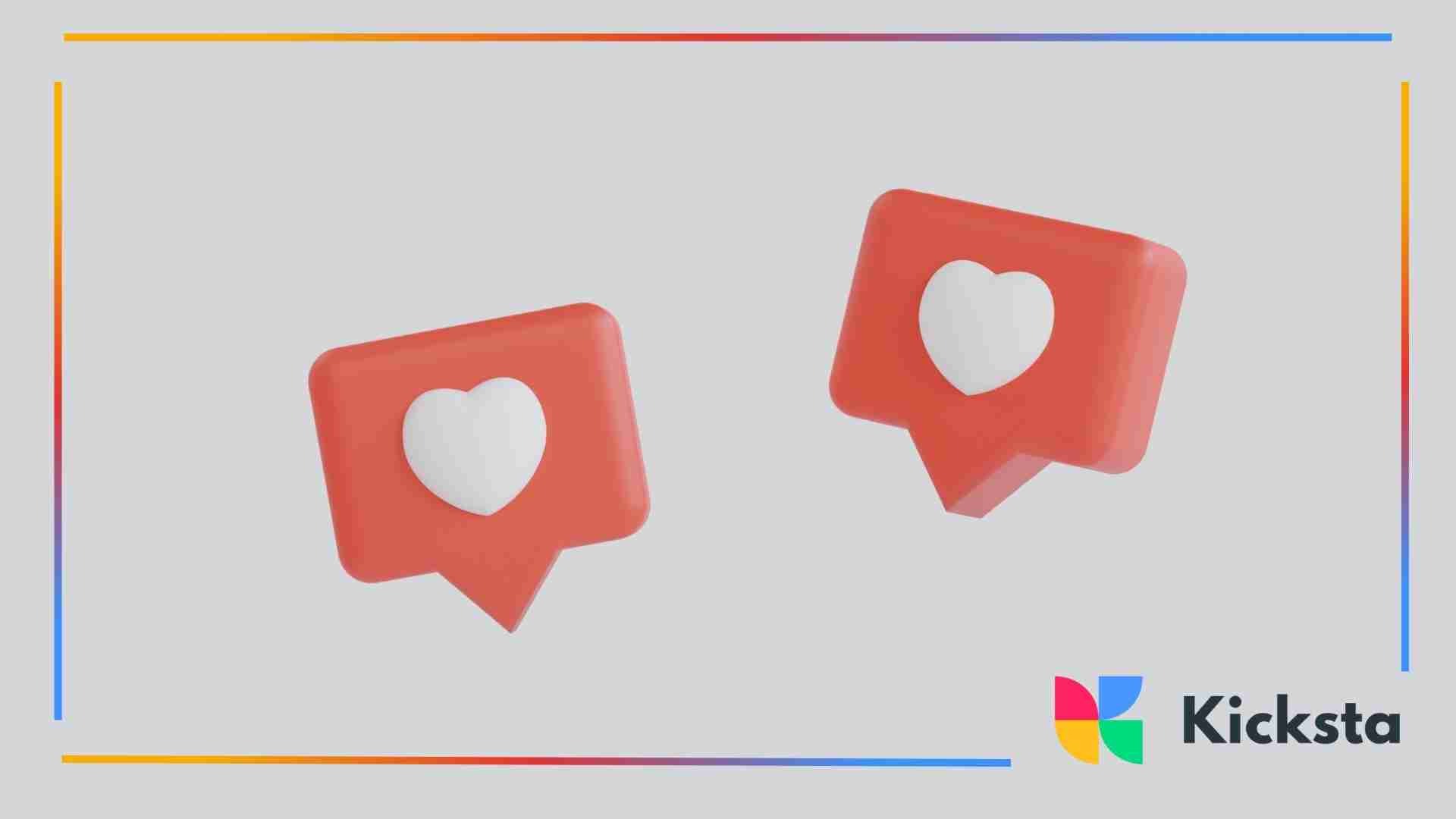 3D illustration of two red Instagram-style like icons with white hearts inside, floating on a light gray background.