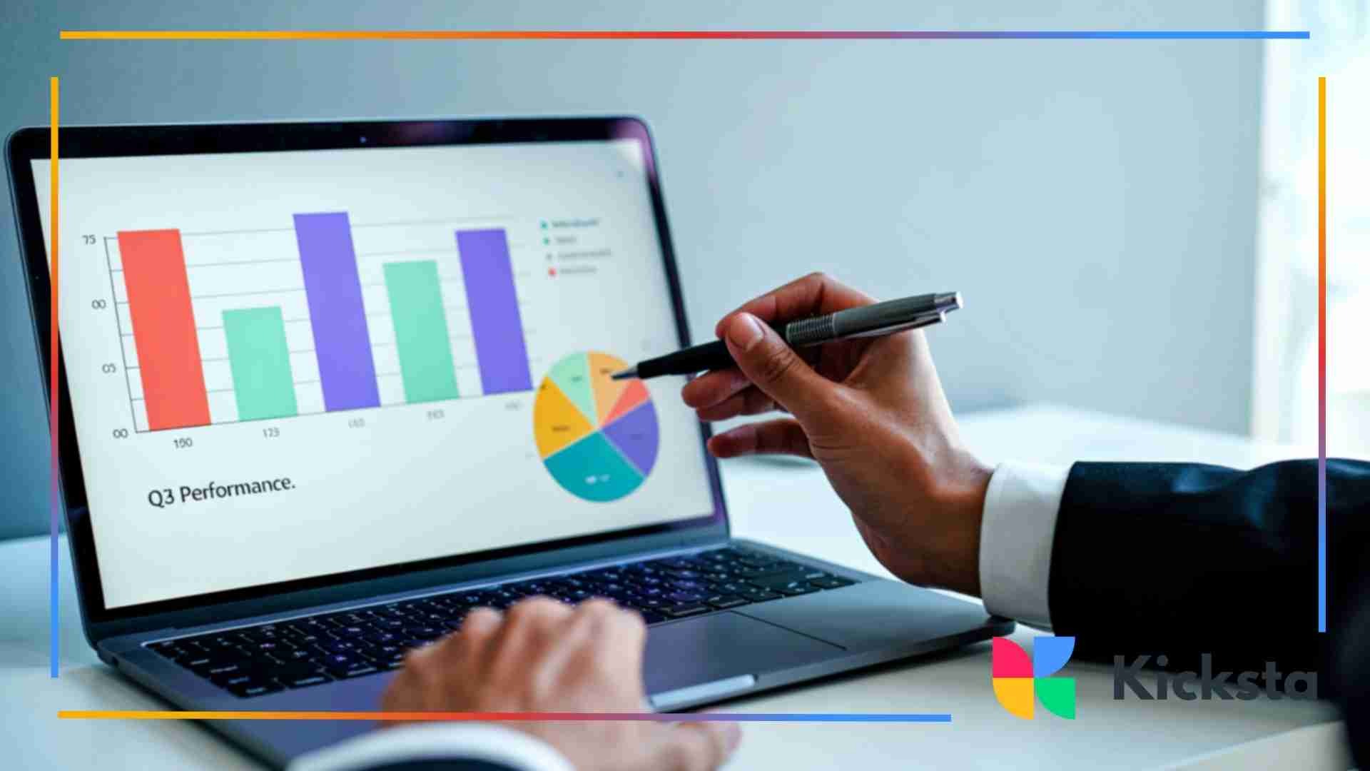 A person in a suit pointing a pen at bar and pie charts displayed on a laptop screen showing Q3 performance data.