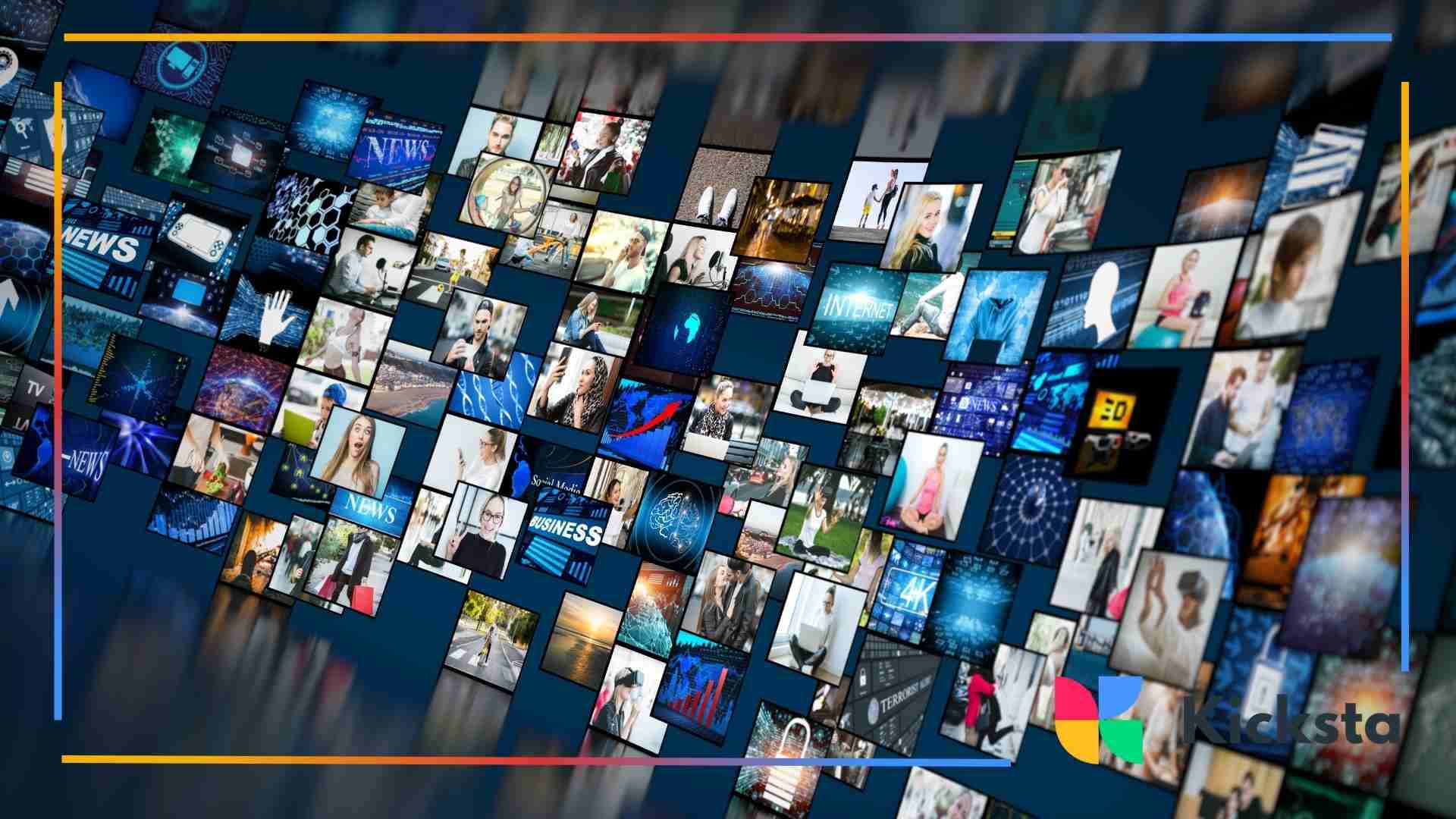 A digital wall filled with hundreds of small images and video thumbnails arranged in a dynamic collage.