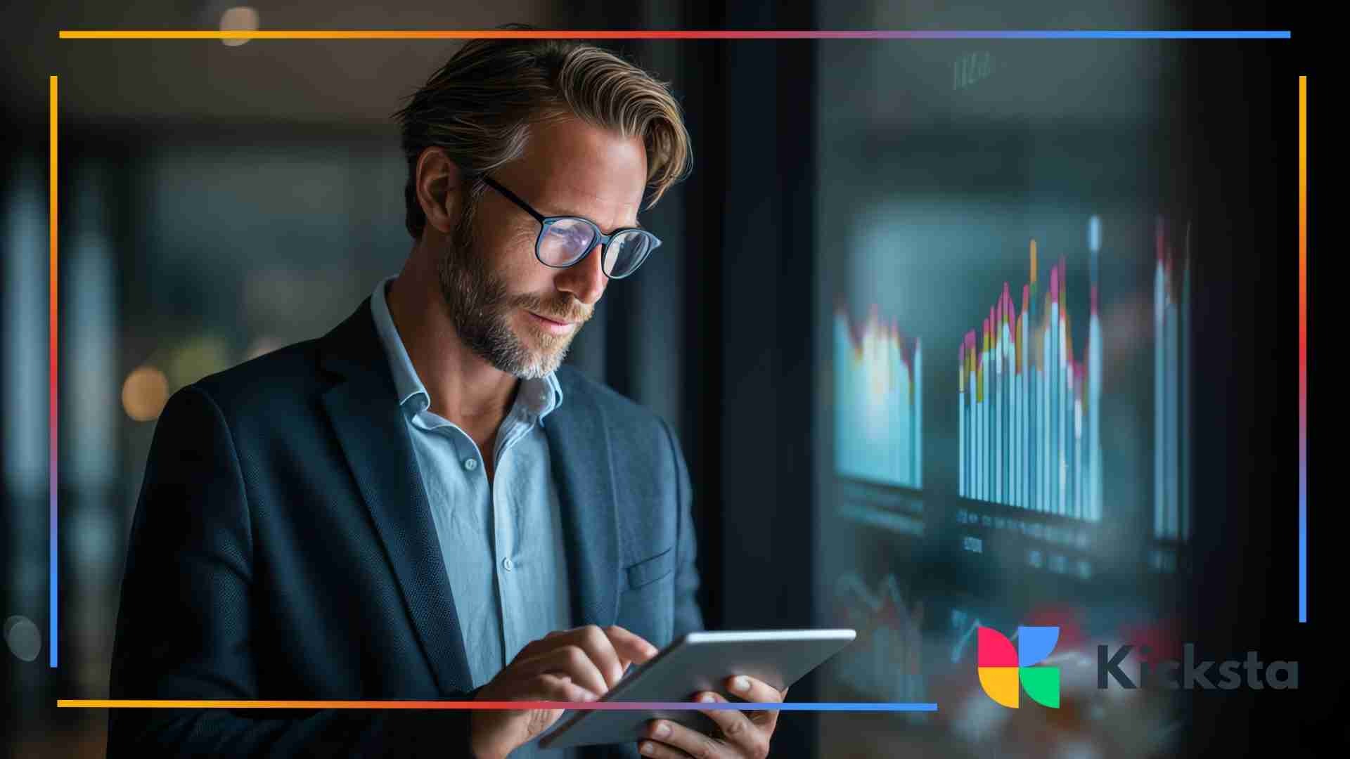A man in glasses and a suit uses a tablet while reviewing colorful data charts displayed on a glass wall.