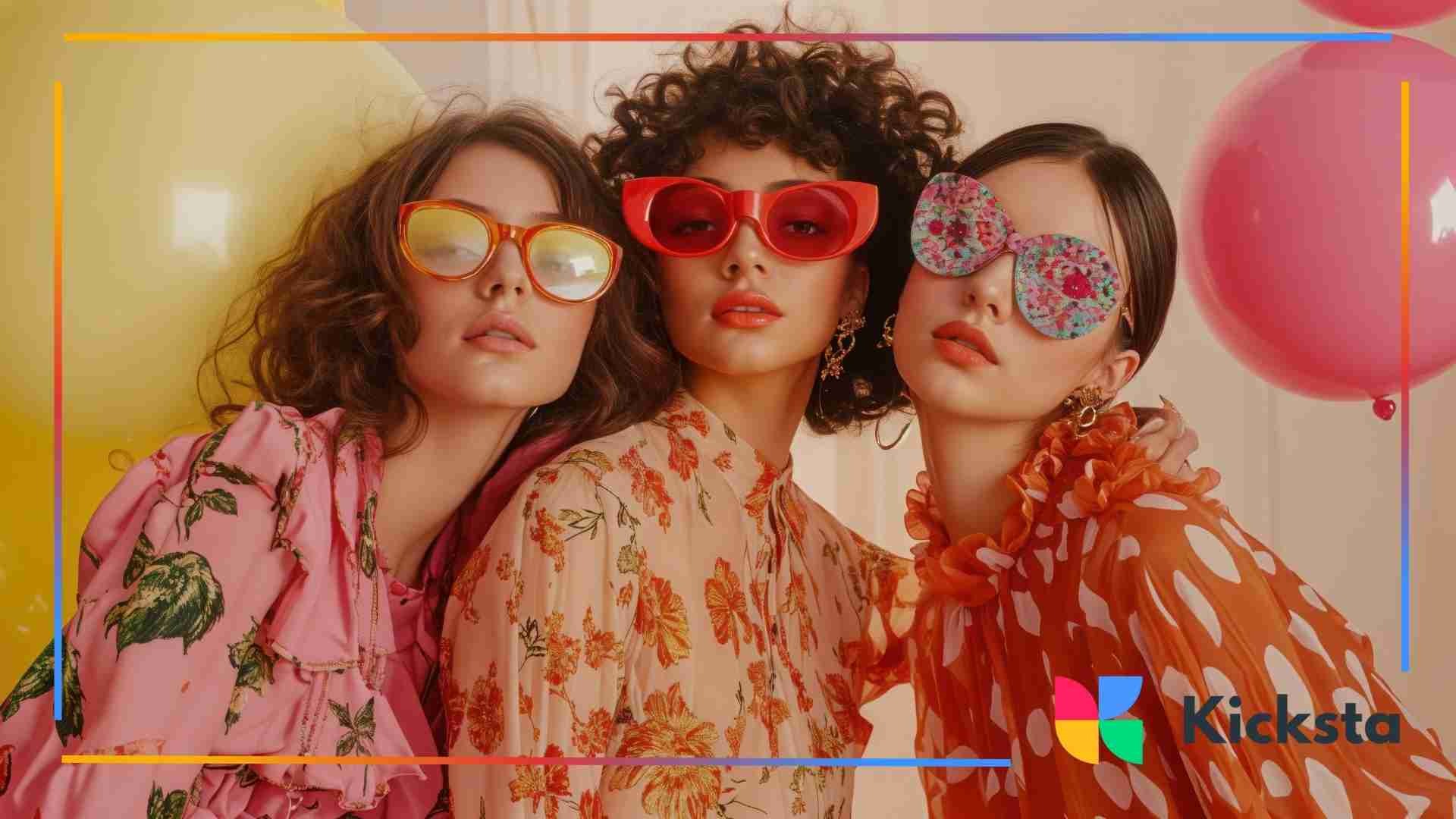 Three stylish women wearing colorful sunglasses and patterned outfits posing together in a fashion photoshoot.