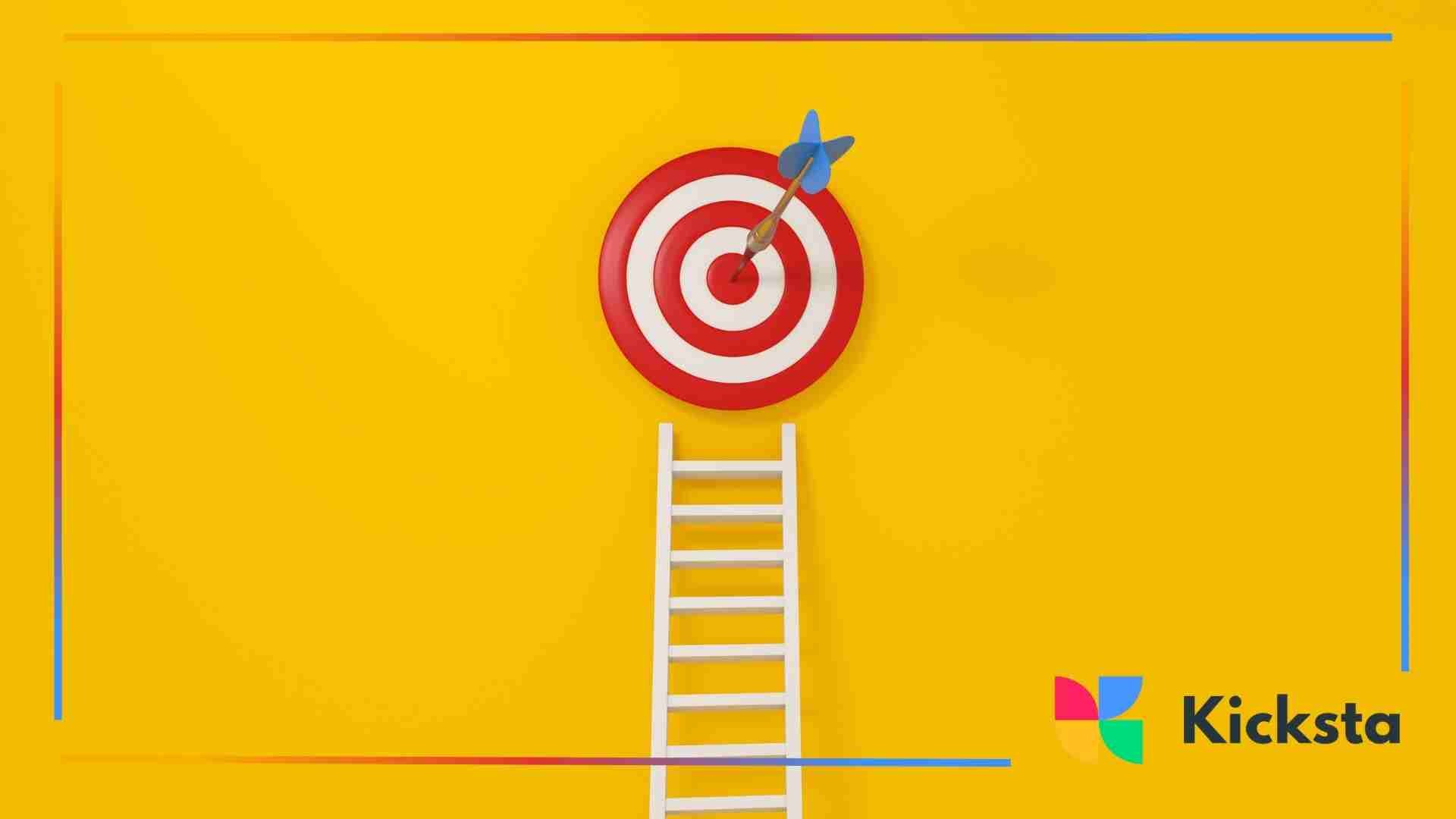 Red and white bullseye target on a bright yellow background with a blue dart in the center and a white ladder leading up to it.