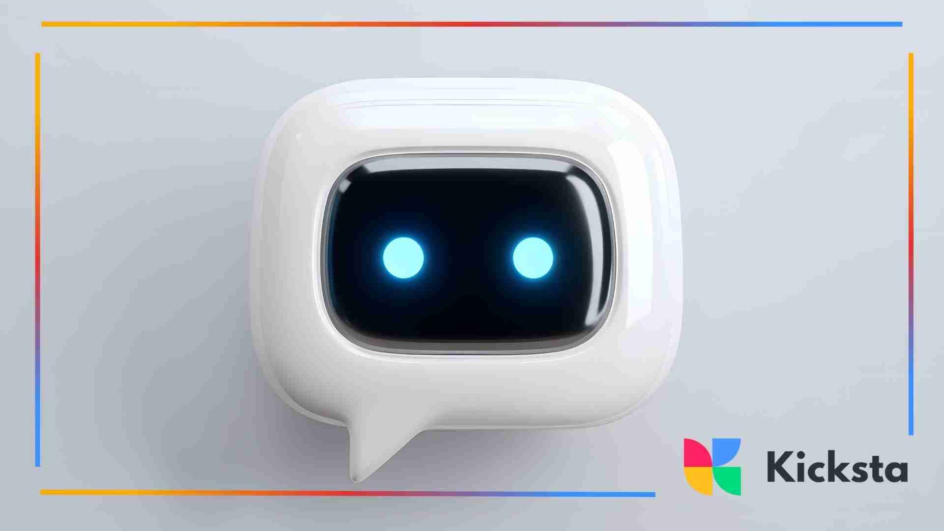 A 3D white chat-bot head with glowing blue eyes inside a speech-bubble shaped body.