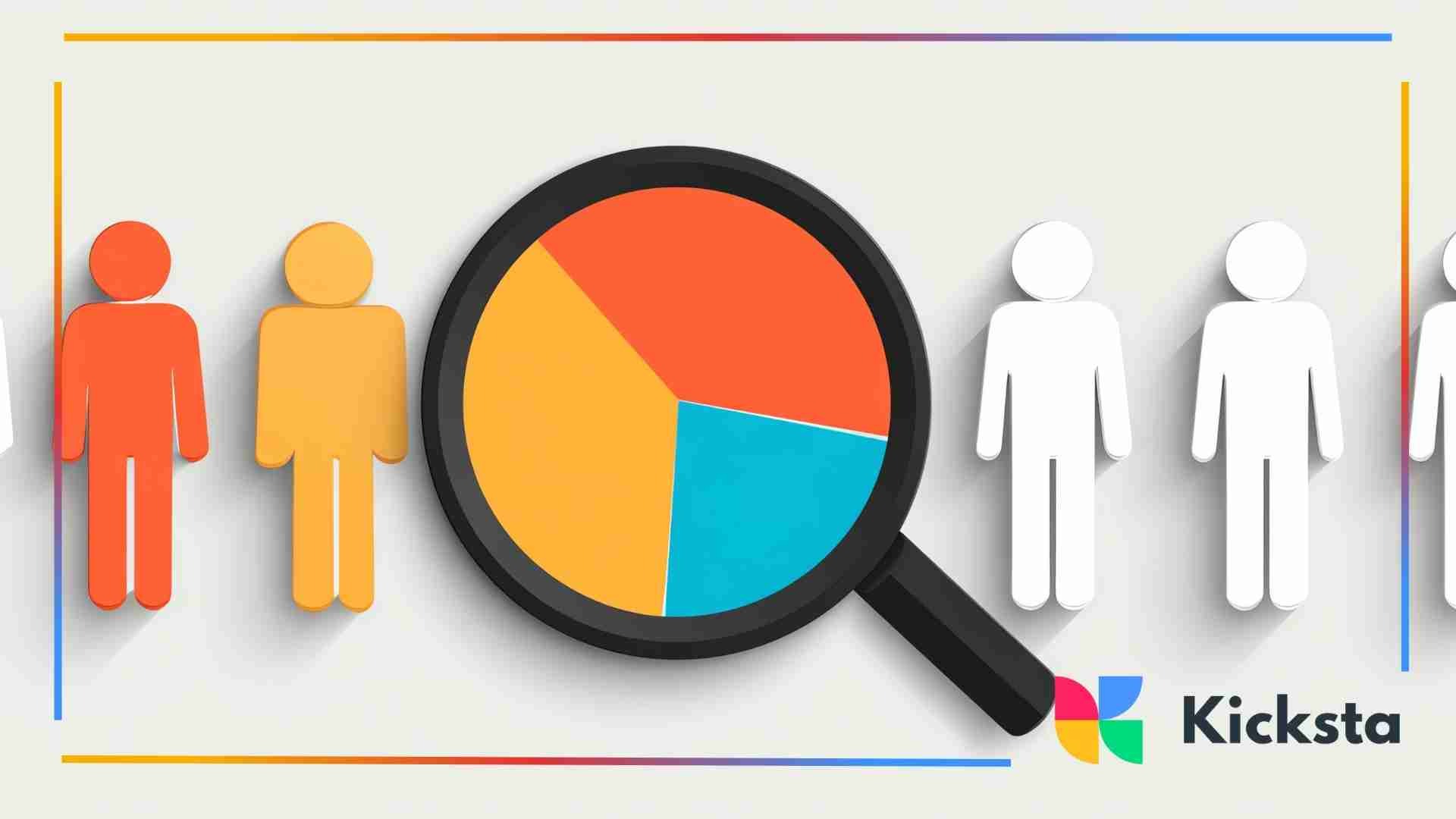 A magnifying glass over a colorful pie chart surrounded by simple human icons in different colors, representing audience segmentation.