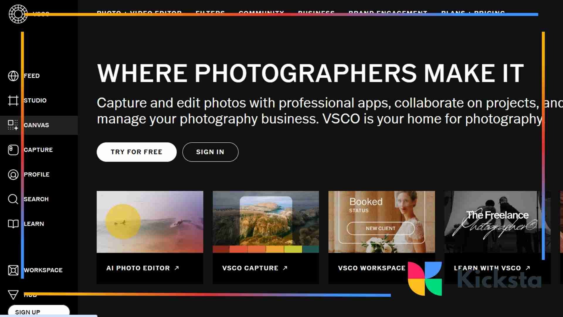 Landing page of VSCO
