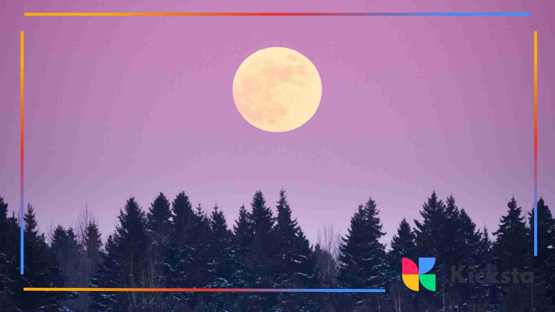 Full moon glowing above a winter forest under a pink and purple sky.