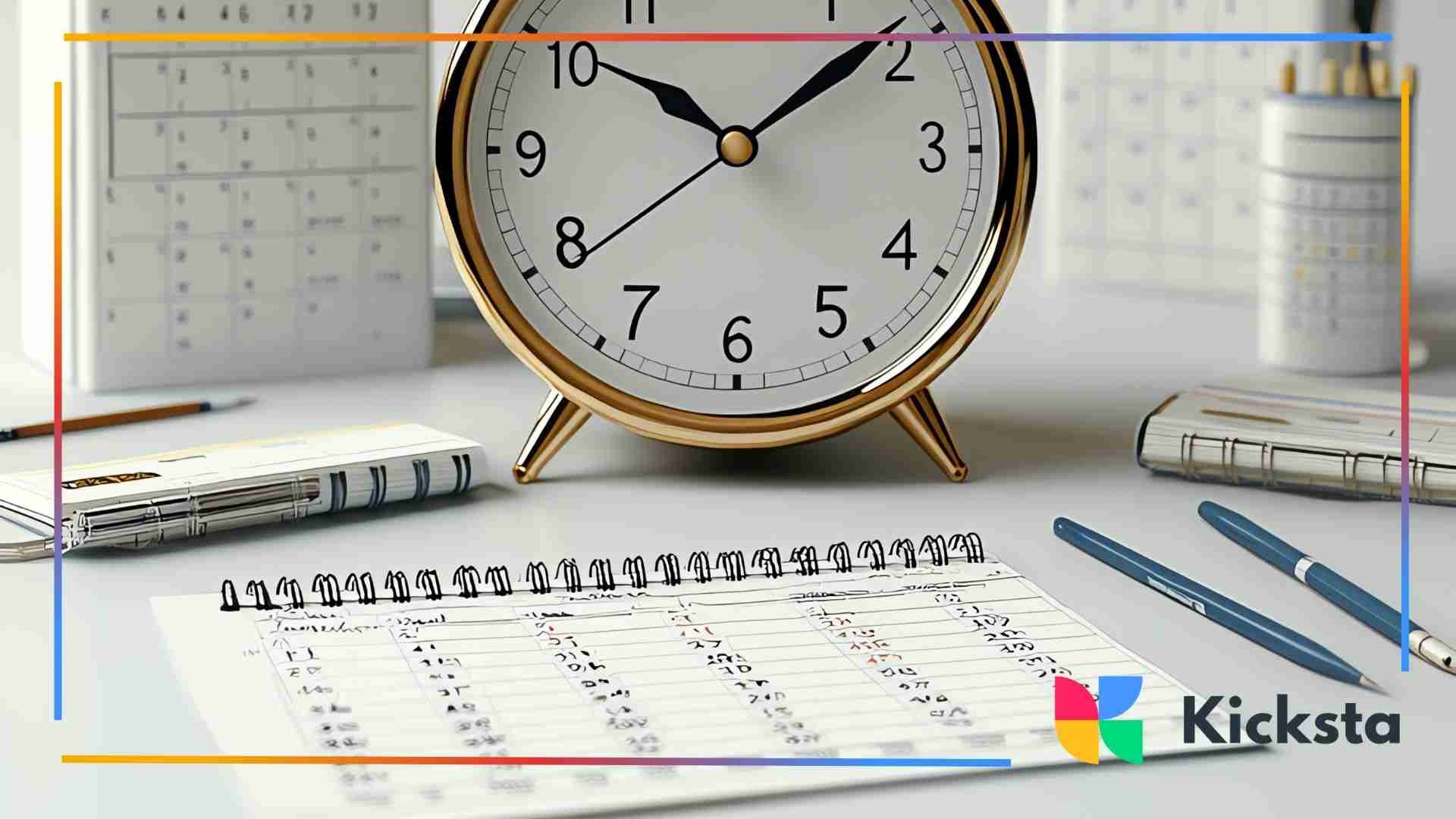 Close-up of a desk with a gold-rimmed clock, an open planner filled with notes, and various pens and stationery items.