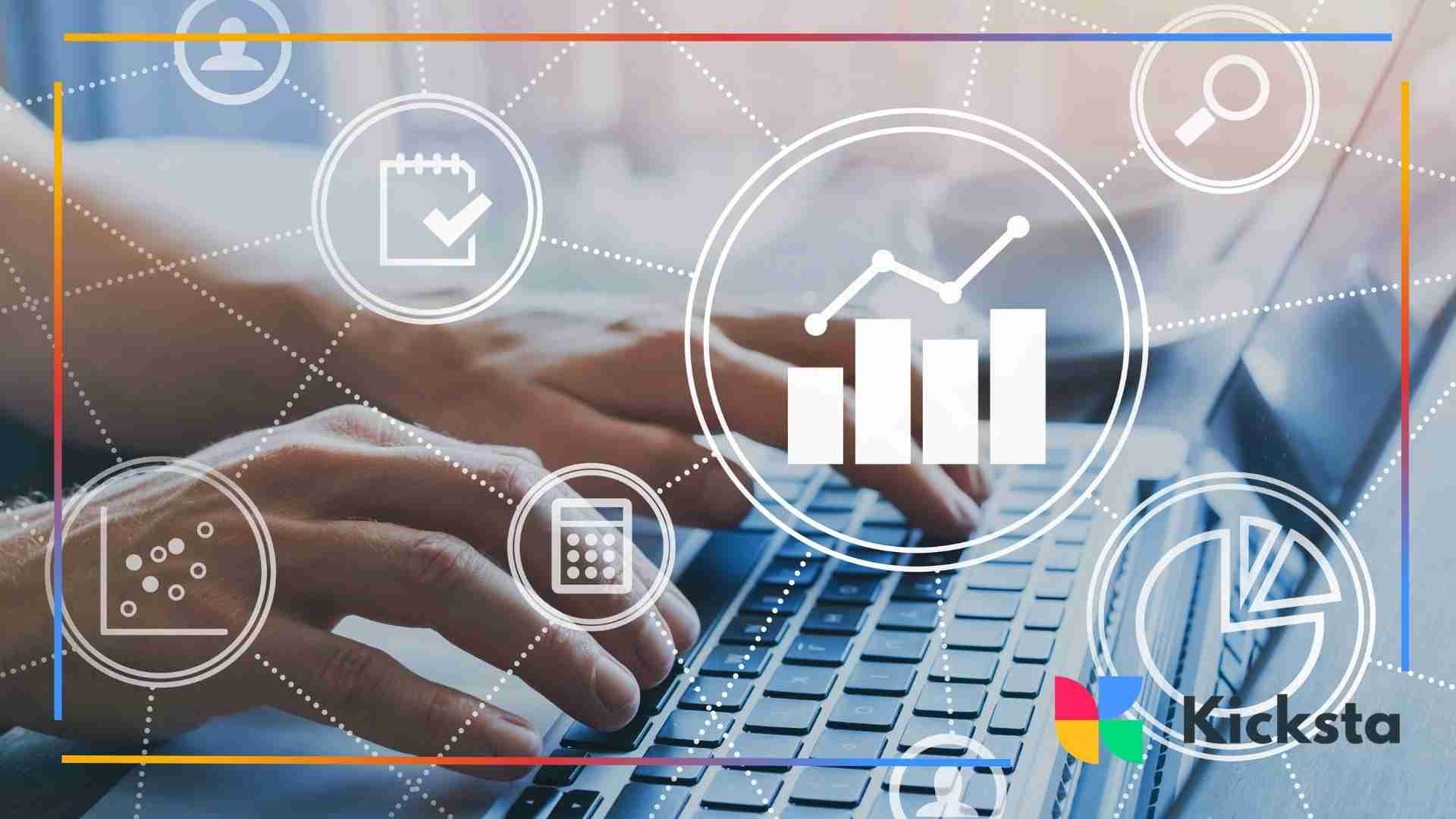 Hands typing on a laptop keyboard with digital analytics icons such as charts, graphs, and checklists overlaid on the image.