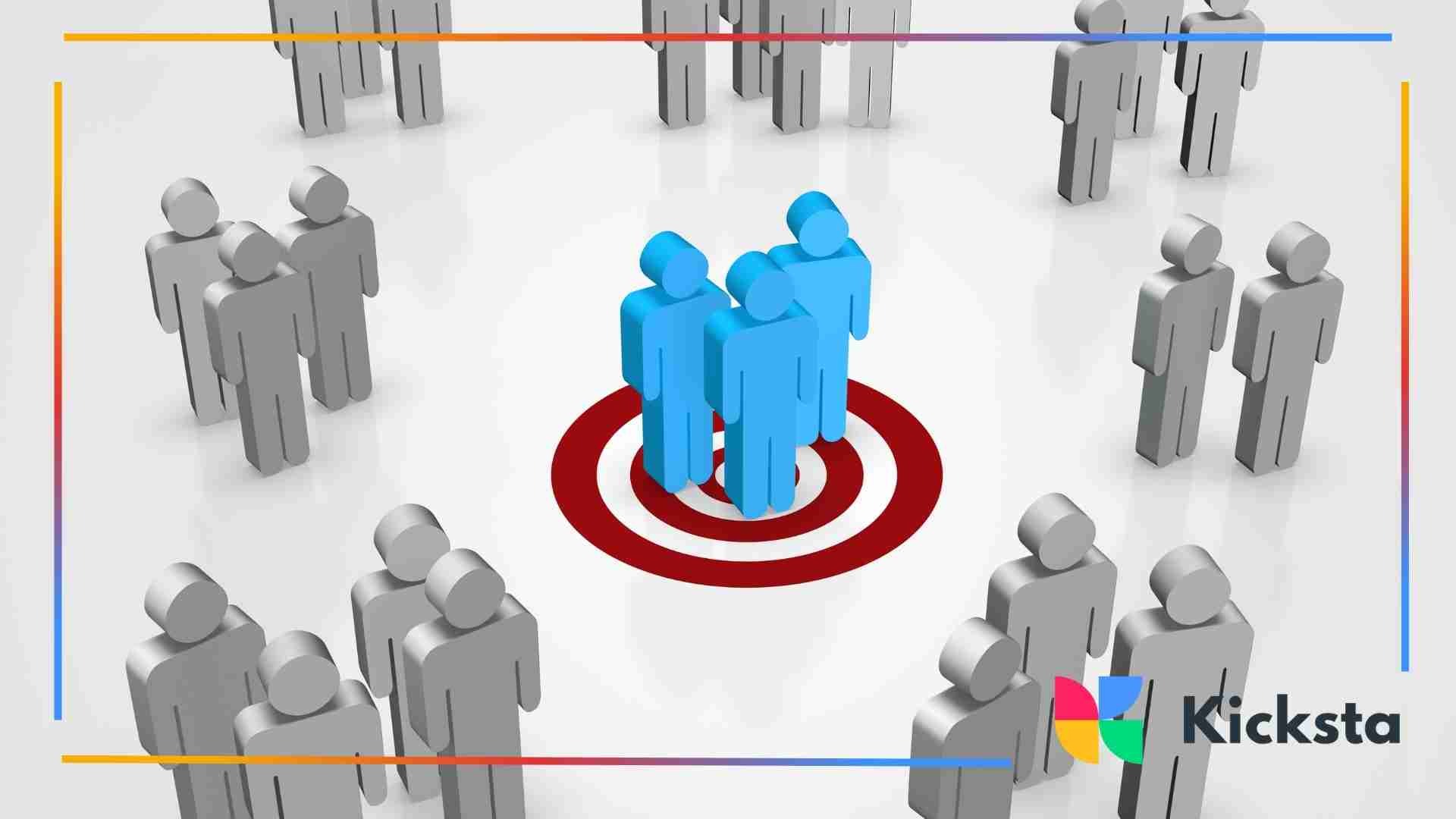 3D blue human figures standing on a red bullseye target surrounded by groups of gray human figures.