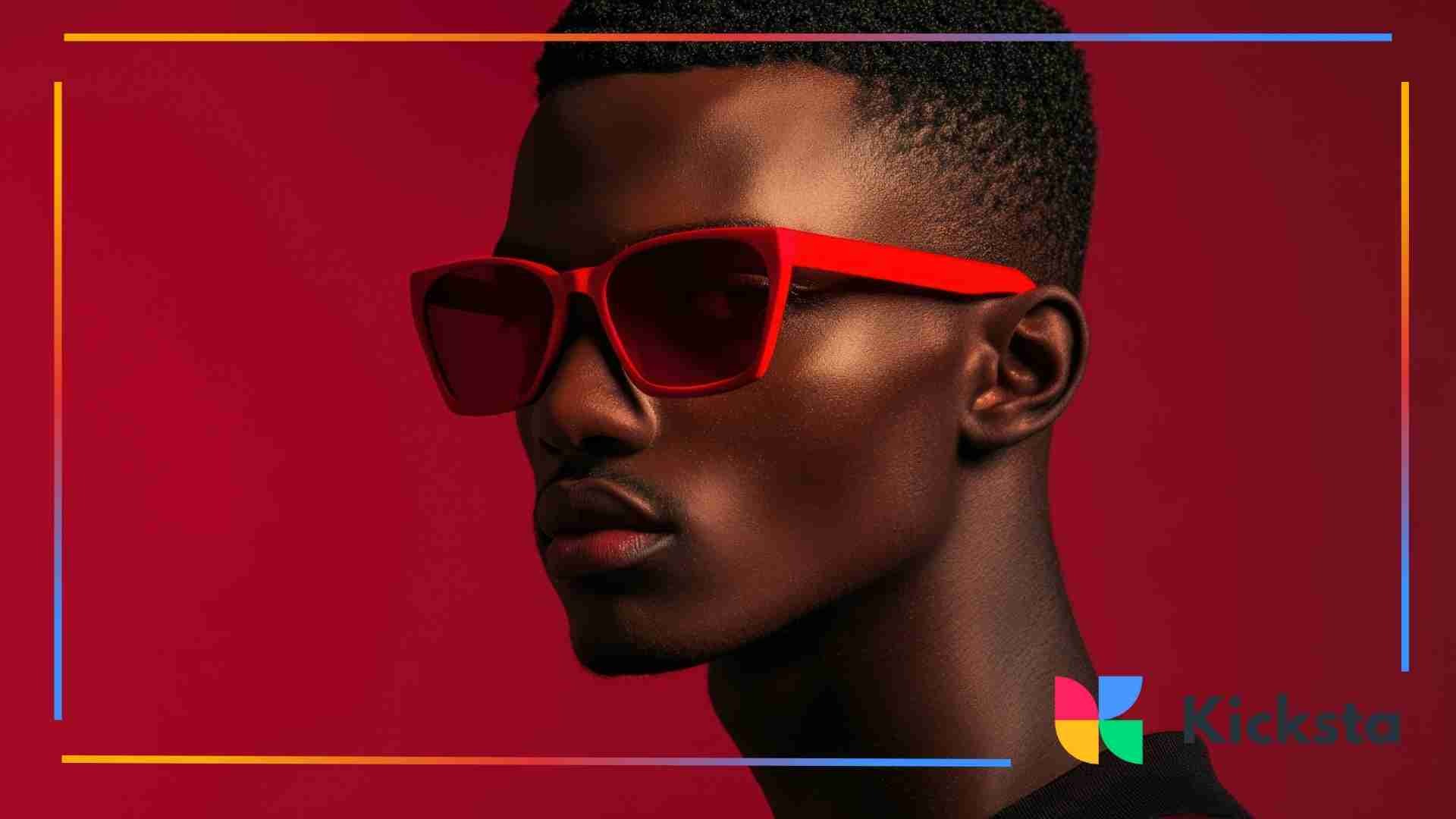 A stylish man wearing bold red sunglasses against a deep red background, lit with dramatic shadows.