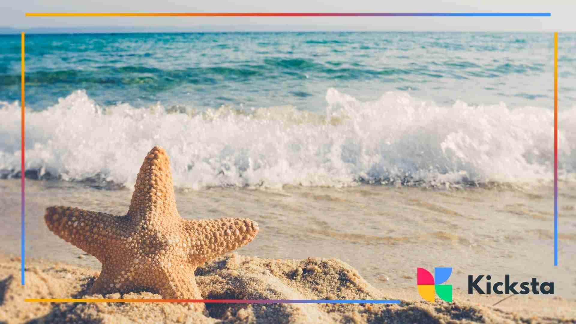A starfish resting upright in the sand with ocean waves rolling in behind it under bright daylight.