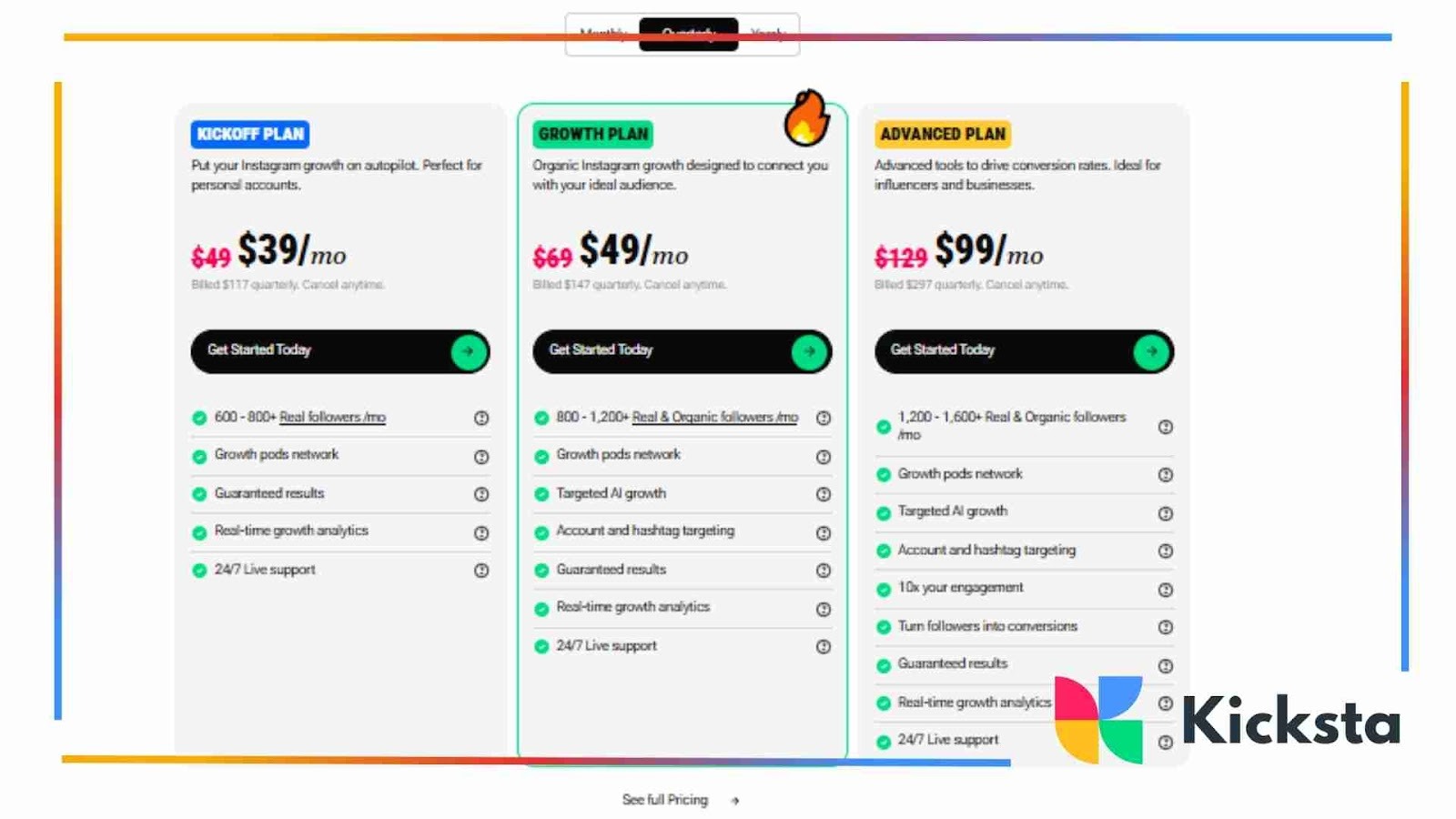 Kicksta pricing on the website