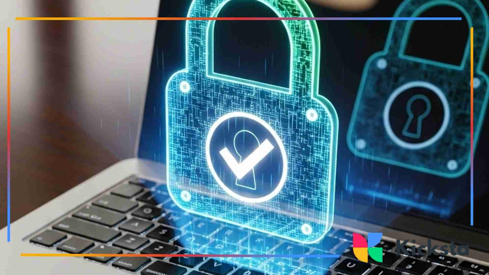 Close-up of a laptop keyboard with a glowing digital padlock icon hovering above it, representing cybersecurity and account protection.