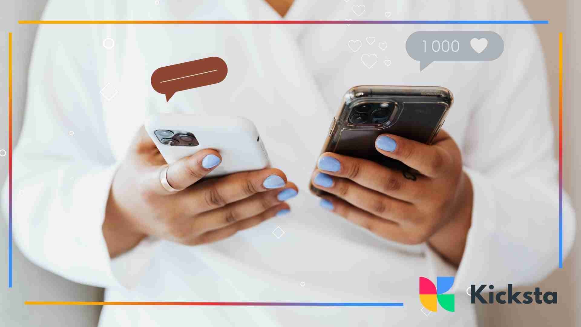 Close-up of a person holding two smartphones with light-blue painted nails, as message and like icons appear around the screens.