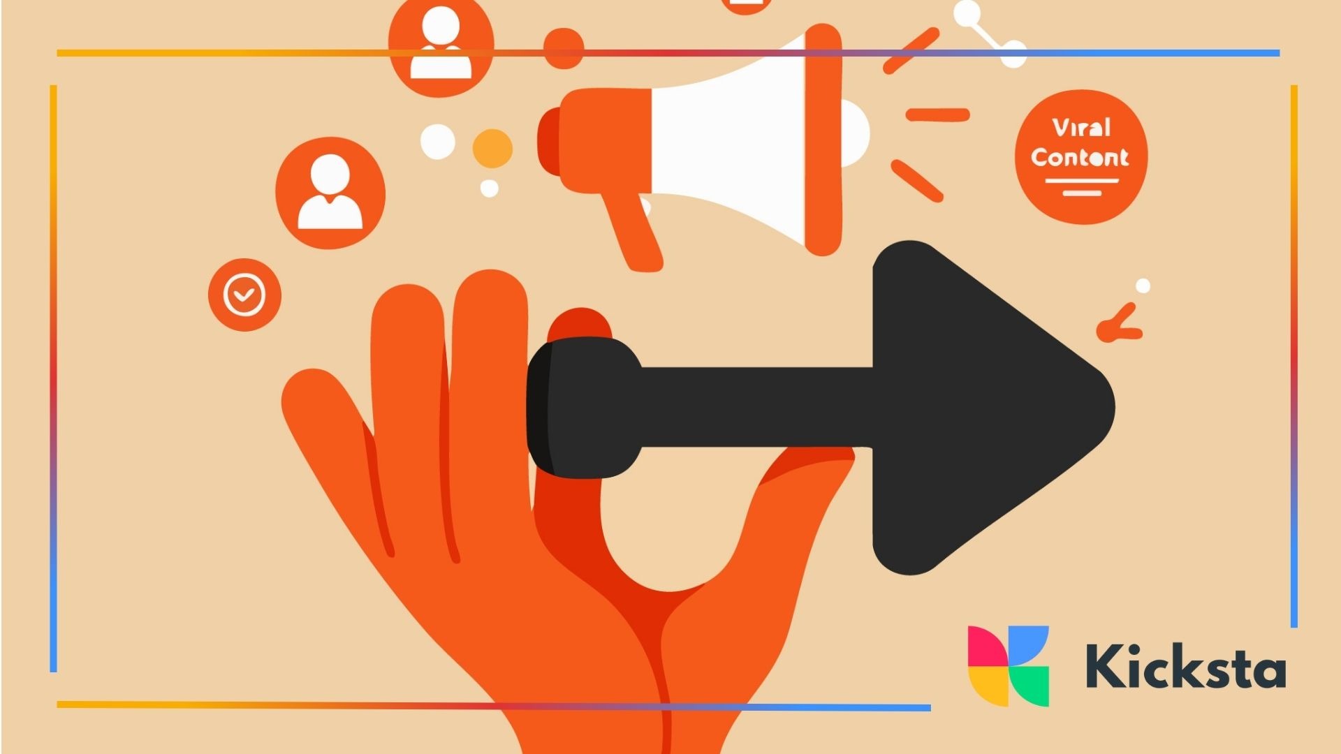 Illustration of a hand holding a large share icon surrounded by megaphone graphics and user icons, representing social media virality.