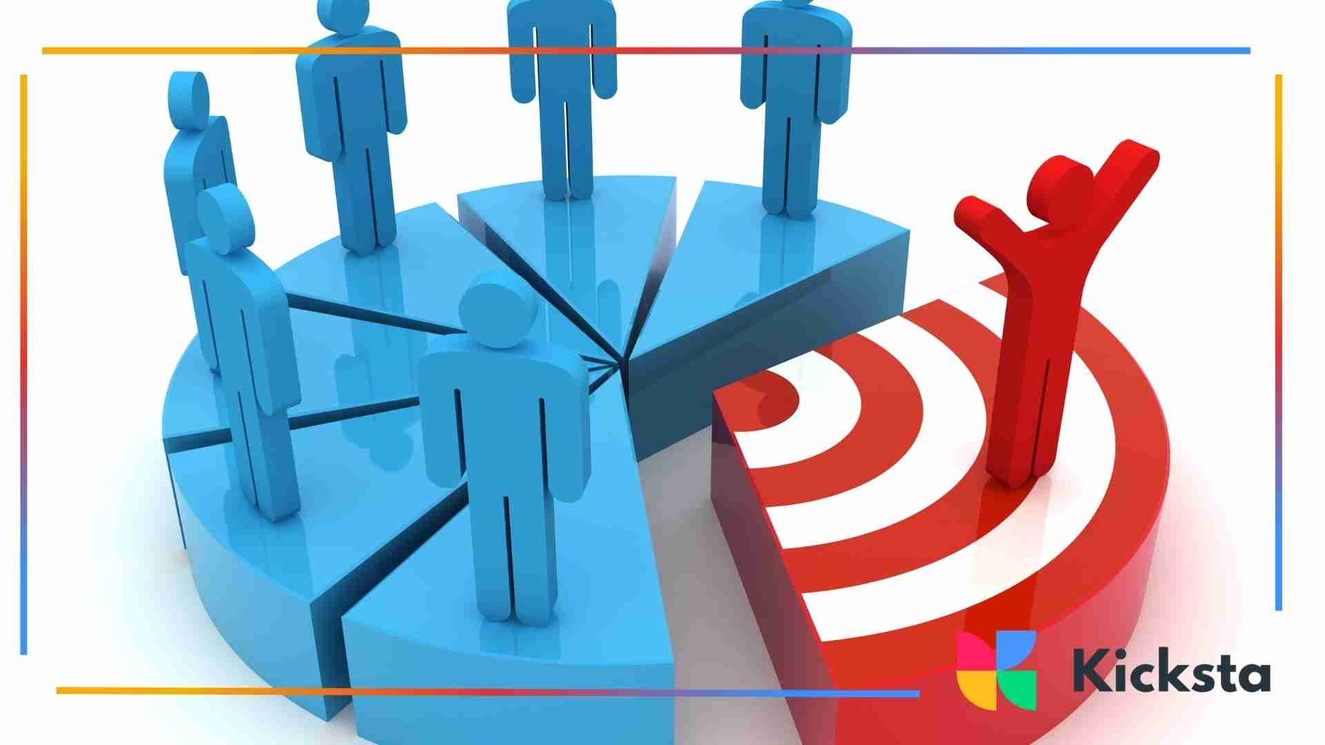 3D illustration of blue human figures standing on different sections of a pie chart while a red figure celebrates on a target segment.