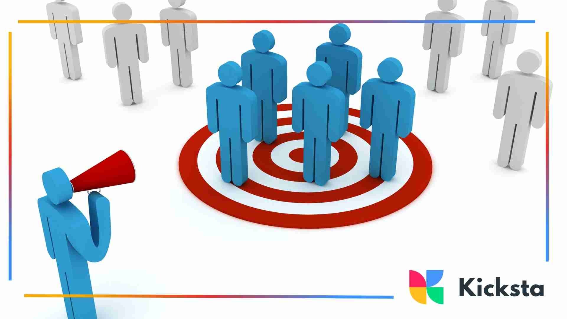 3D illustration of blue human figures standing on a red and white target while another figure with a megaphone calls out from the side.