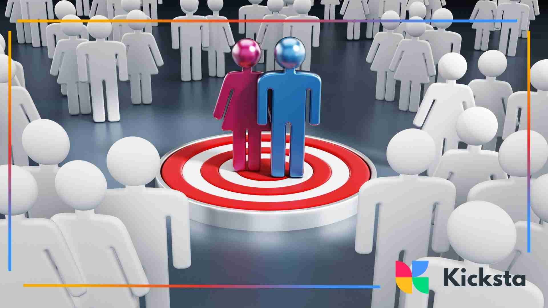 3D illustration of a blue and pink human figure standing together on a red and white target surrounded by a large crowd of white figures.
