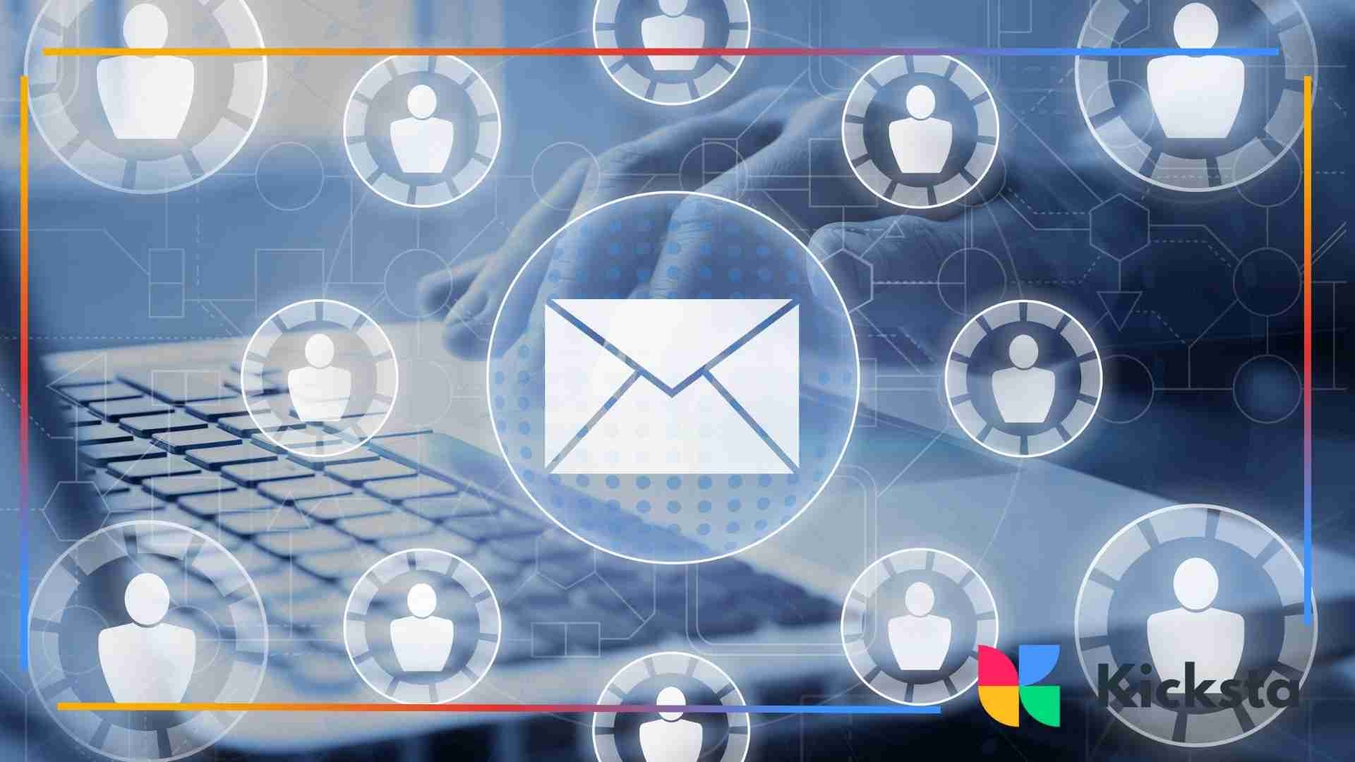 Graphic showing a hand typing on a laptop keyboard with a large email icon in the center, surrounded by multiple user profile icons connected in a network.