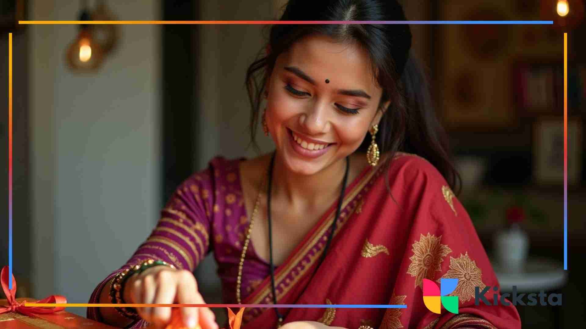 A young woman in traditional attire smiling while tying a ribbon on a wrapped gift indoors.