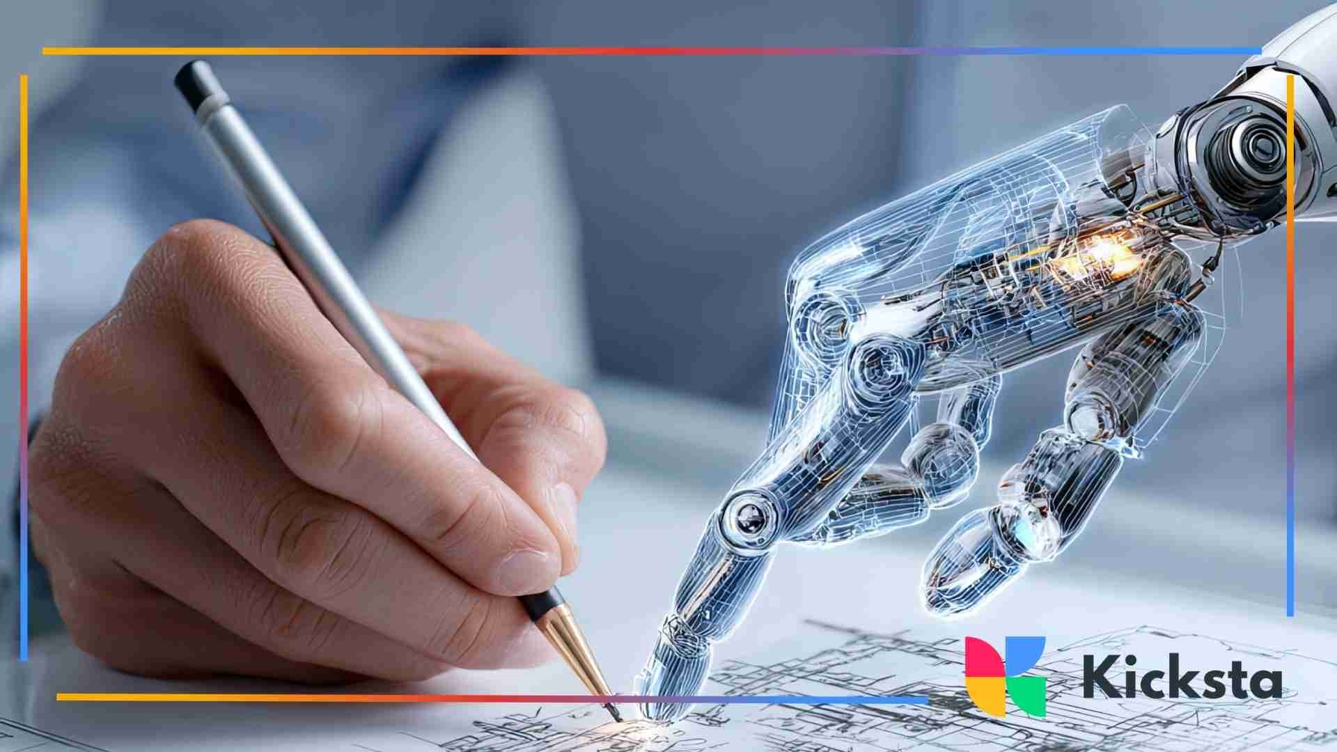 A person writes on paper with a pen while a transparent robotic hand appears beside them, symbolizing collaboration between humans and AI.