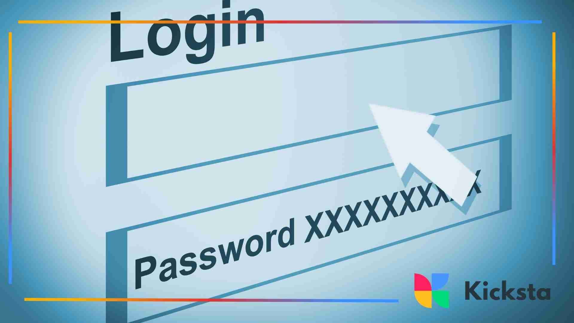 A digital illustration of a login interface showing blank username and password fields with a large arrow cursor pointing at them.