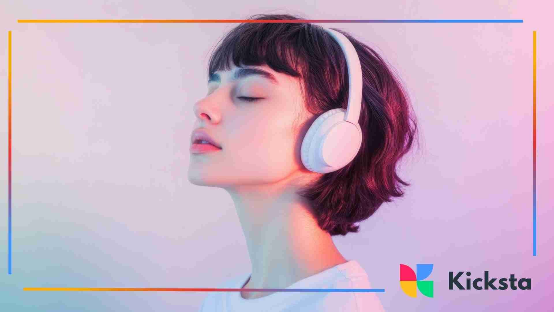 Young woman with short hair and closed eyes listening to music through white headphones under soft pastel lighting.