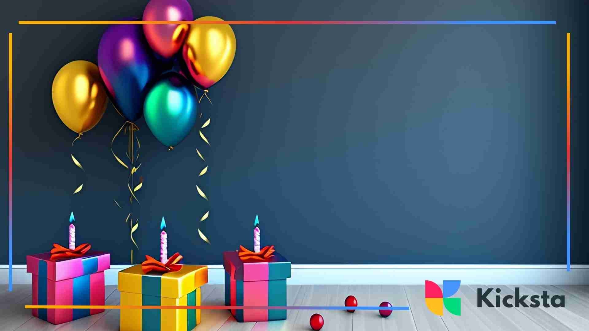 Colorful metallic balloons and wrapped birthday gifts with candles are arranged against a dark blue wall.