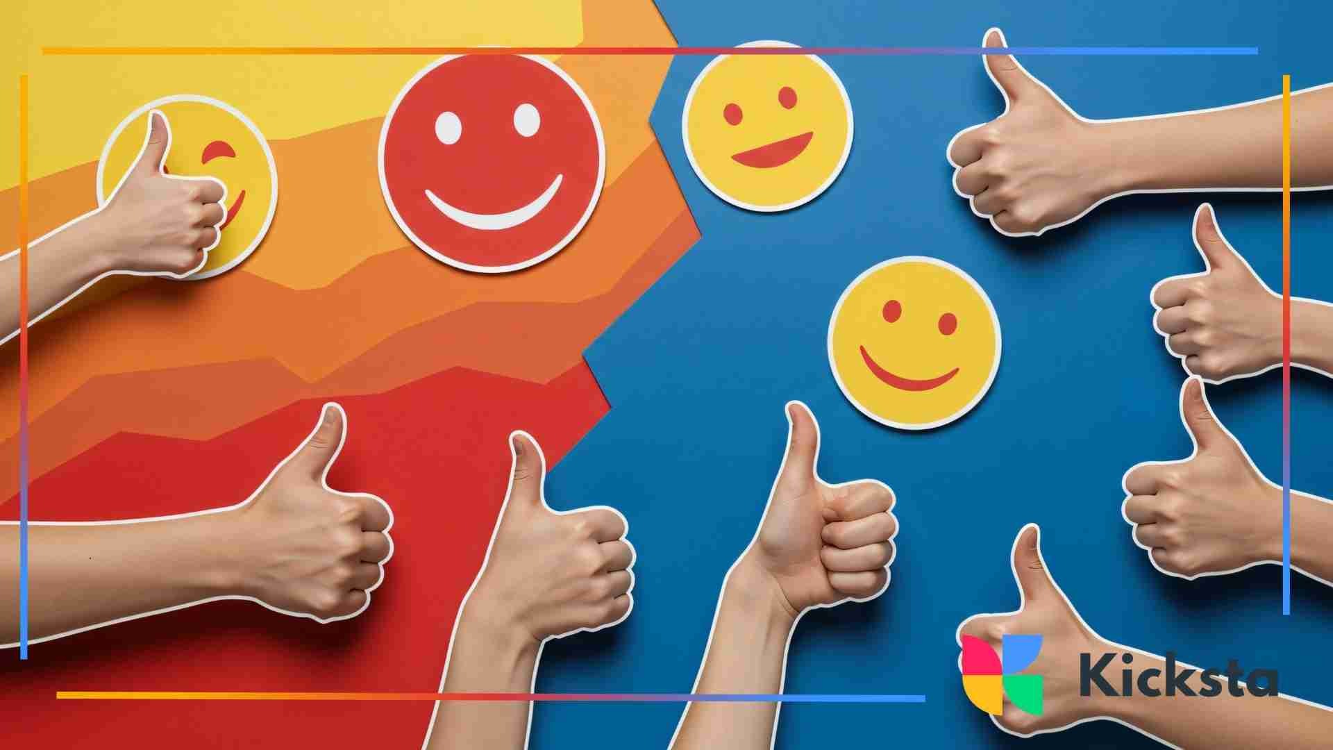 Multiple hands giving thumbs-up signs in front of a colorful background filled with cheerful smiley face icons.