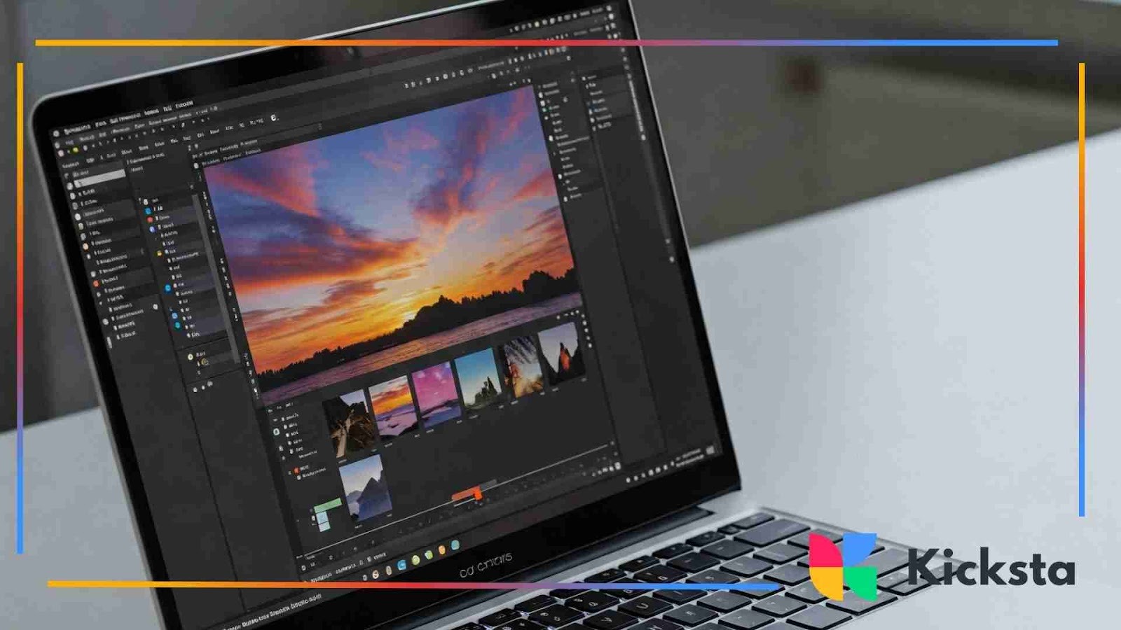 A laptop on a table displaying photo editing software with a colorful sunset image and several image thumbnails visible on the screen.