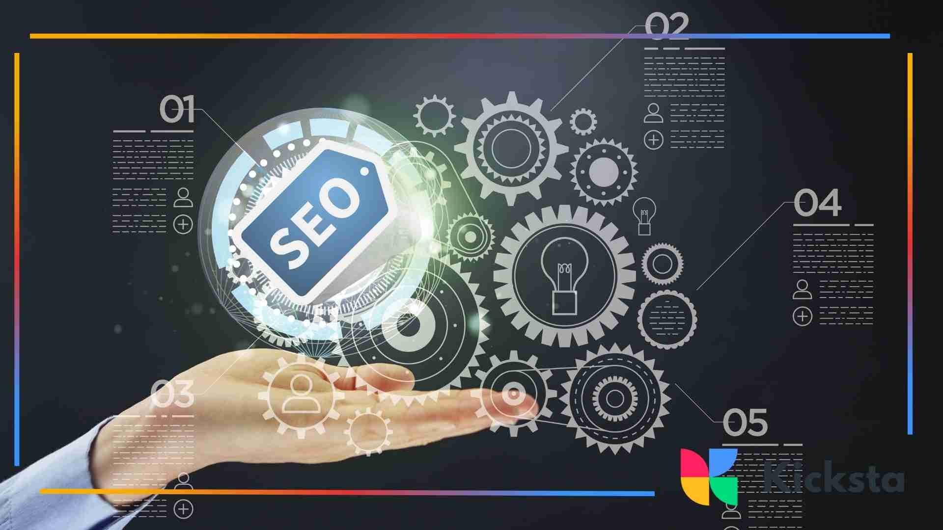 A digital illustration of gears surrounding a glowing SEO icon held above an open hand.