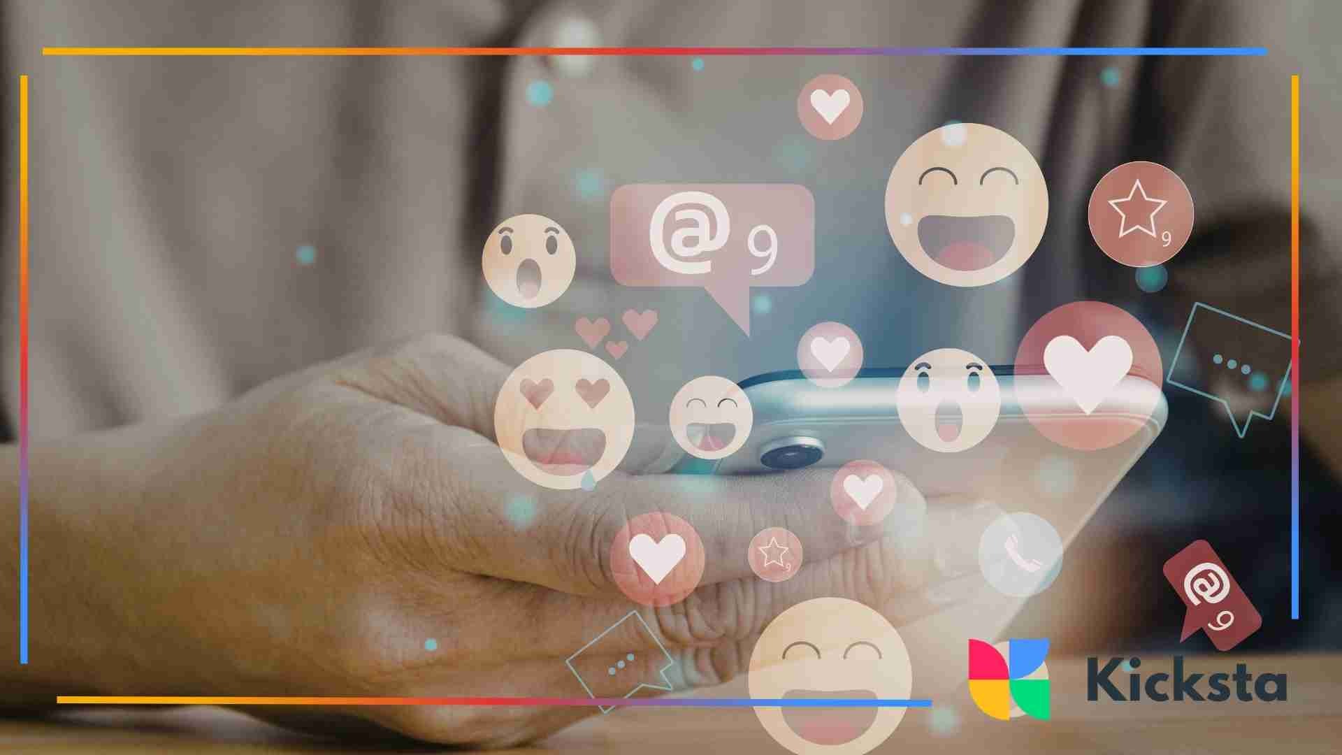 Hands holding a smartphone with floating emoji reactions and notification icons overlaid on the screen.