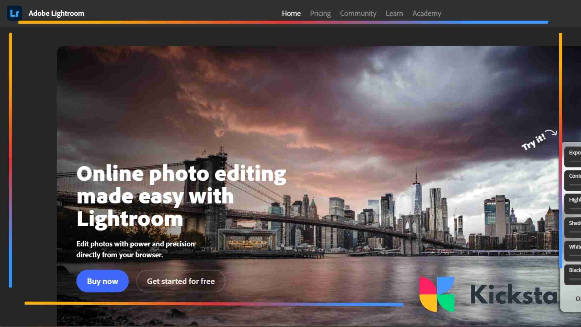 Landing page of Adobe Lightroom Mobile
