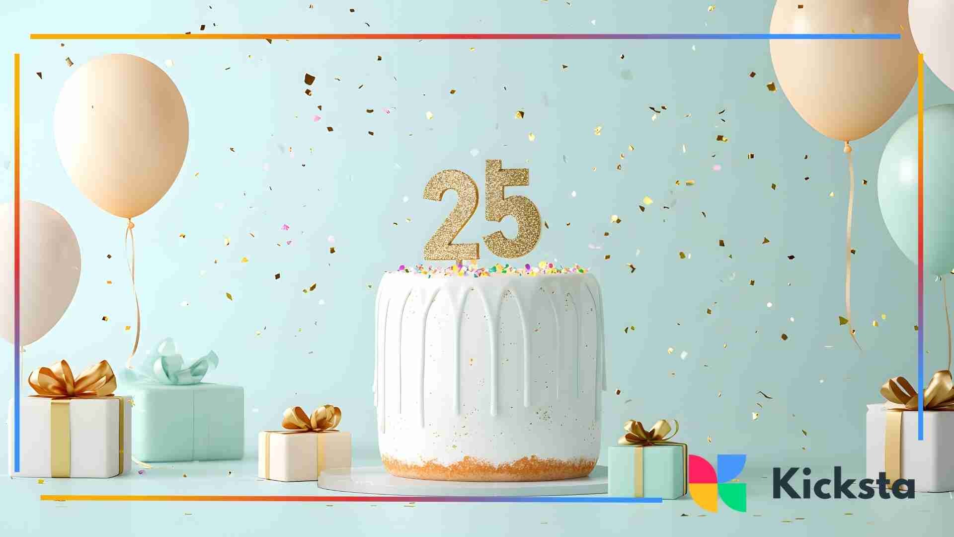White cake topped with a gold number 25, surrounded by gift boxes, balloons, and falling confetti.