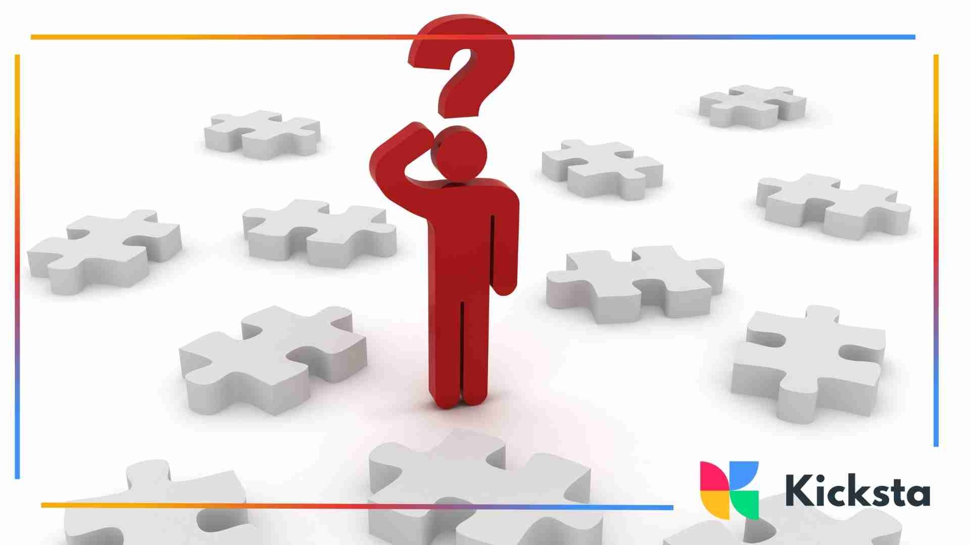 Red human figure with question mark standing among scattered puzzle pieces on white background