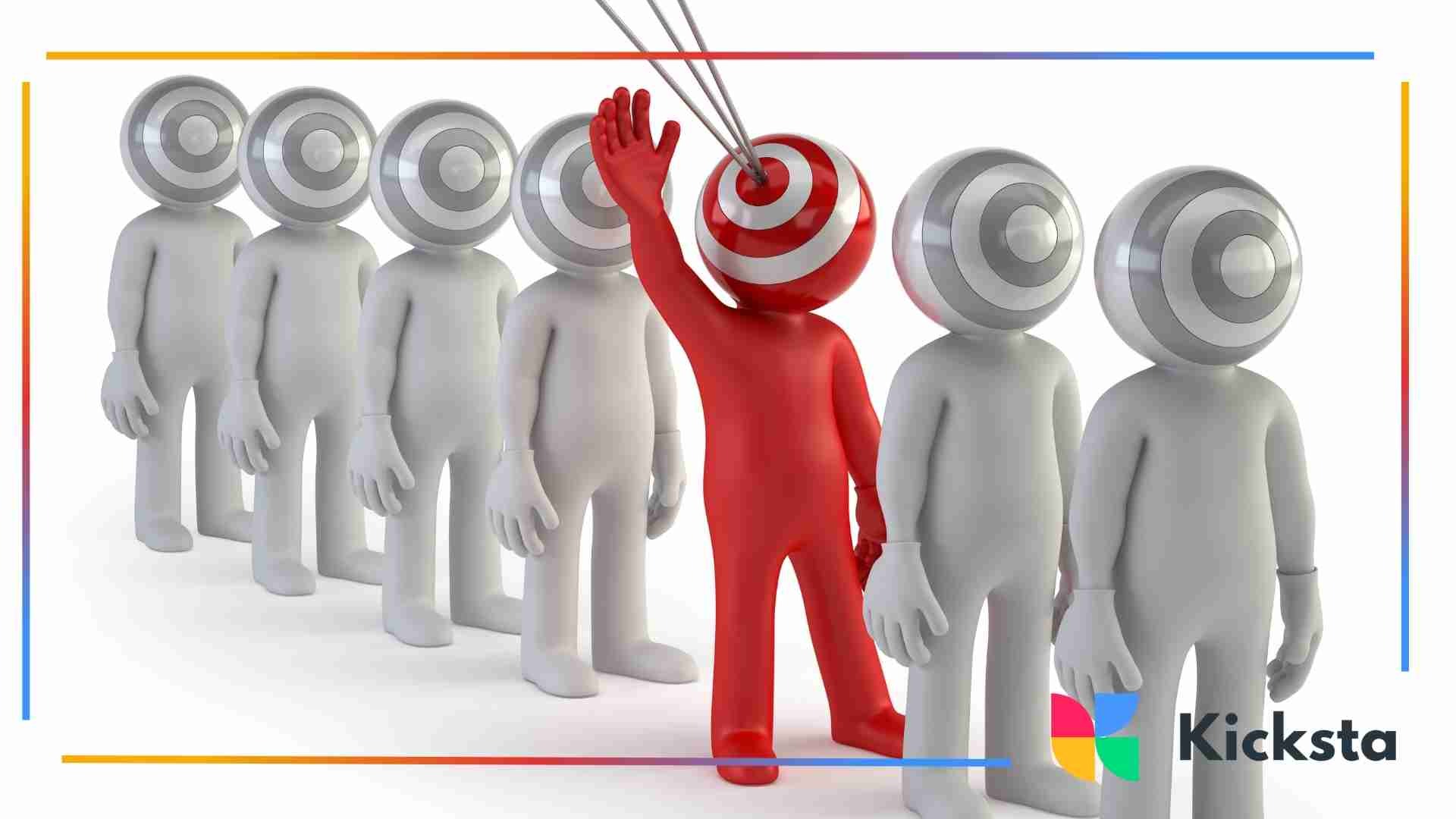 Red target figure standing out from a group of gray figures with bullseye heads