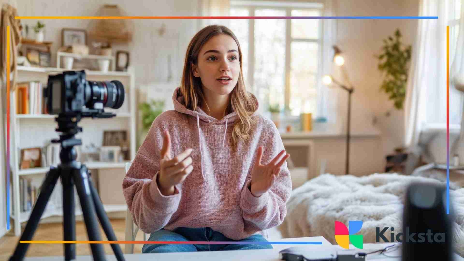 Woman speaking to a camera on a tripod in a cozy home workspace.